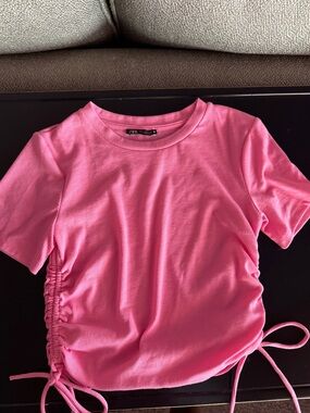 ZARA Pink Side-Tie Ribbed Tee